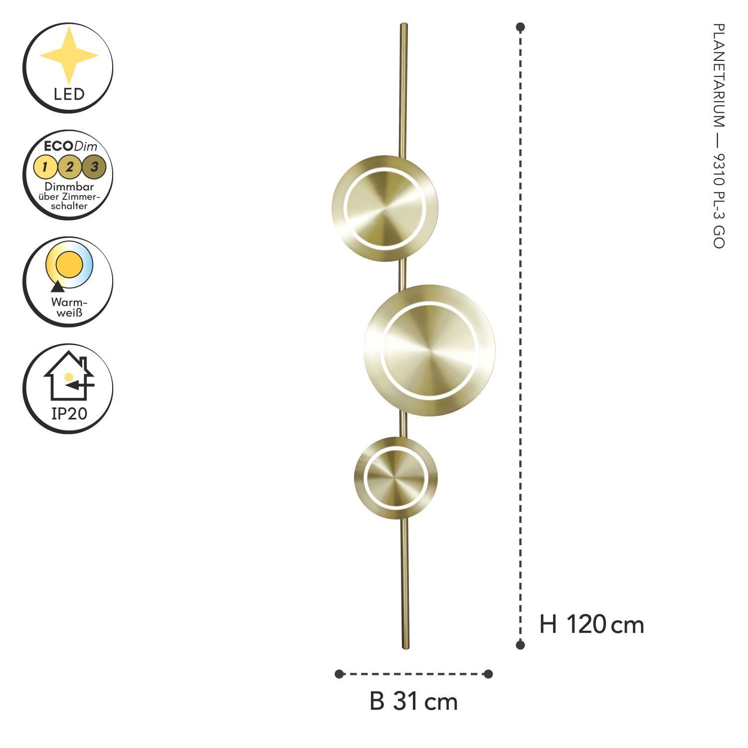 LED Wandlampe Gold H:120 cm 18 W 1008 lm 3000 K dimmbar Leuchte, Wandlampe, Gold, LED, Moderne Deko