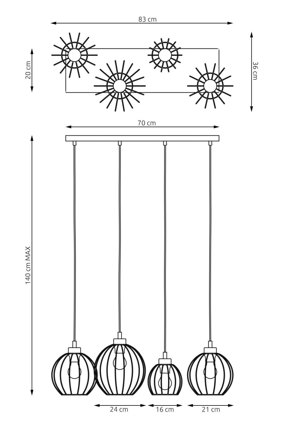 Lampe à suspendre en métal E27 noir 4-flamme L:70 cm long