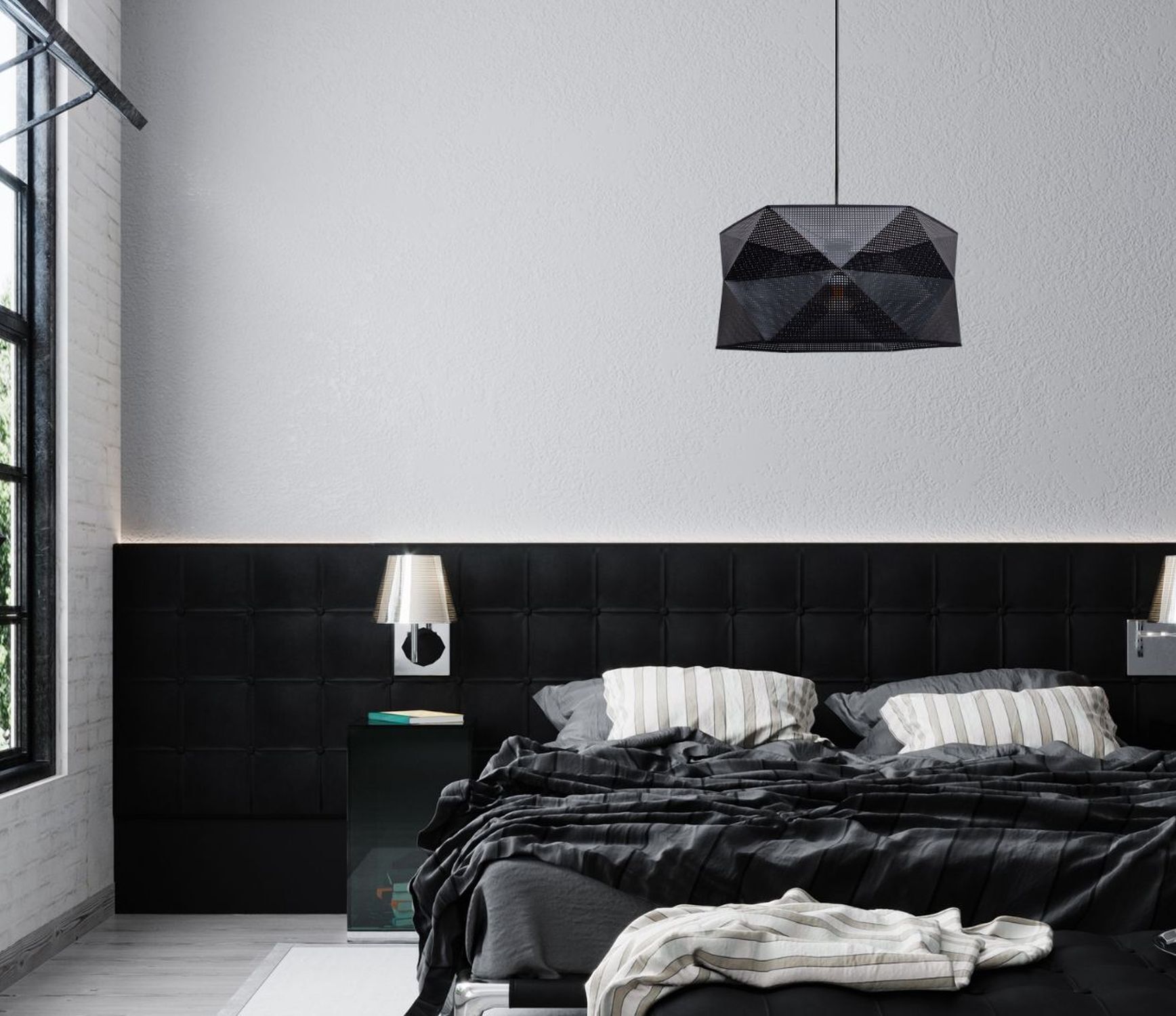 bett, schwarz, kopfkissen, bettwäsche, lampe