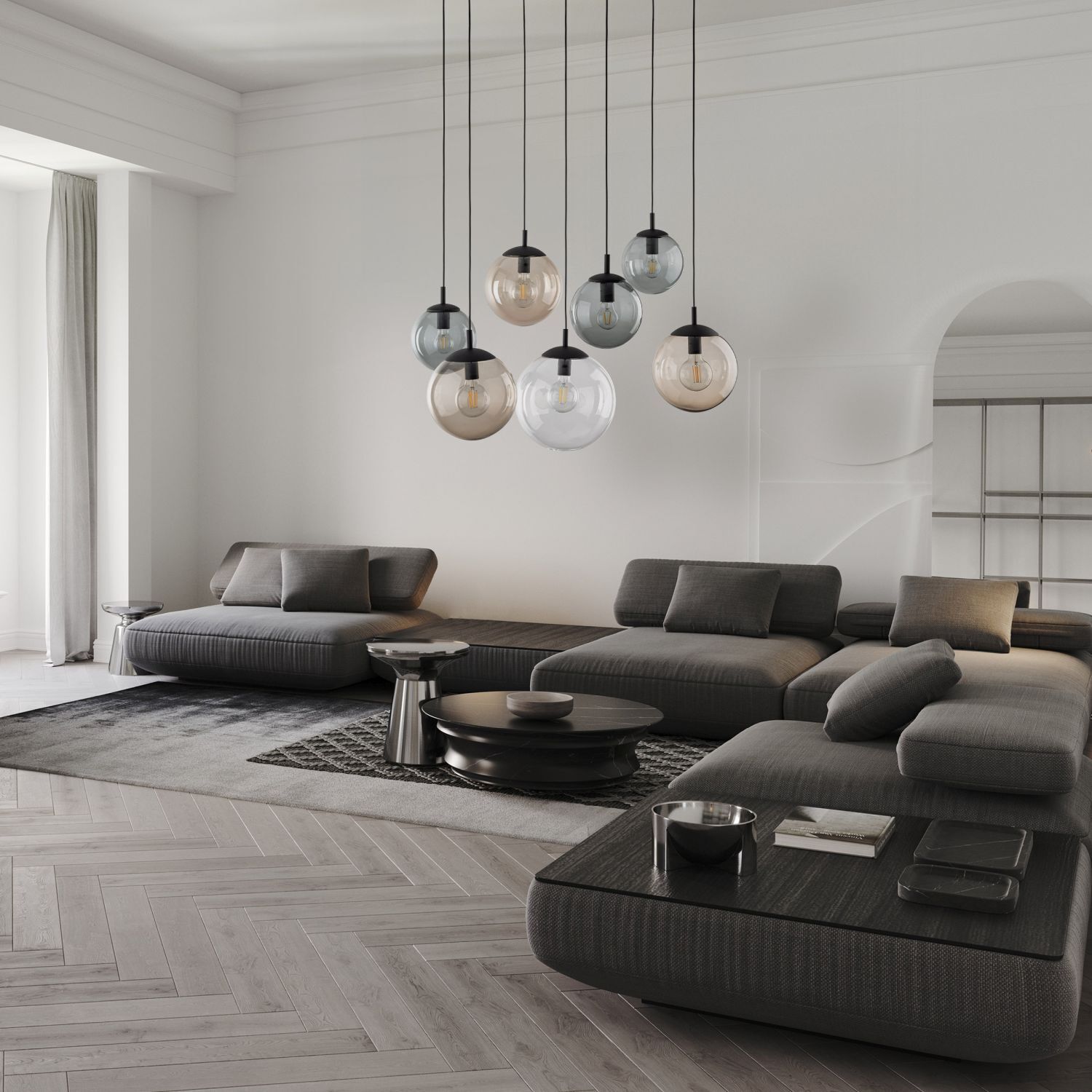 Suspension réglable L : max. 4 m verre fumé 7x E27