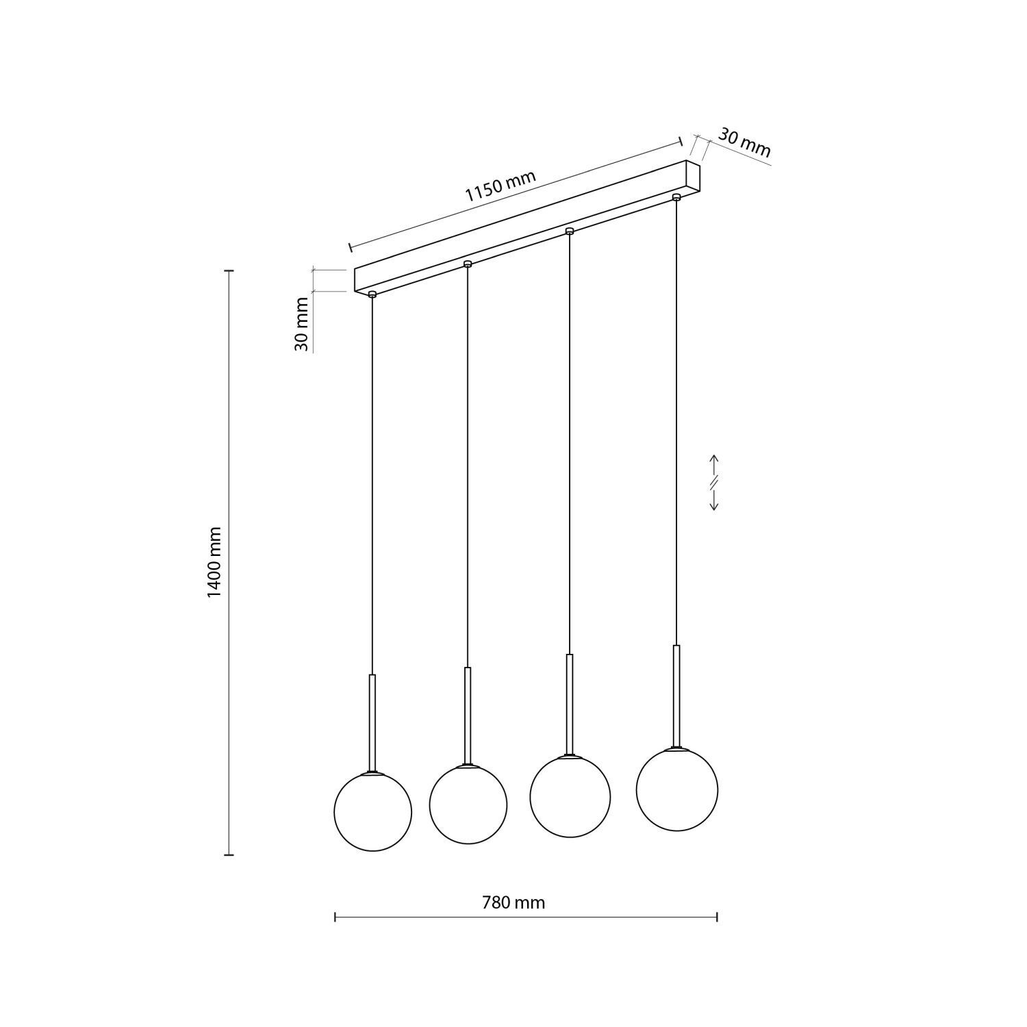 Lampe à suspendre métal verre L : 78 cm noir blanc 4x G9