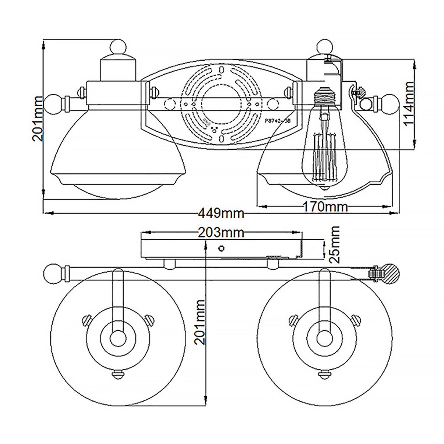 Badezimmerleuchte Wand Metall Glas 44,9 cm breit IP44 E27 lampenhalter, wandlampe, bauanleitung, technische zeichnung, rollerwinkel