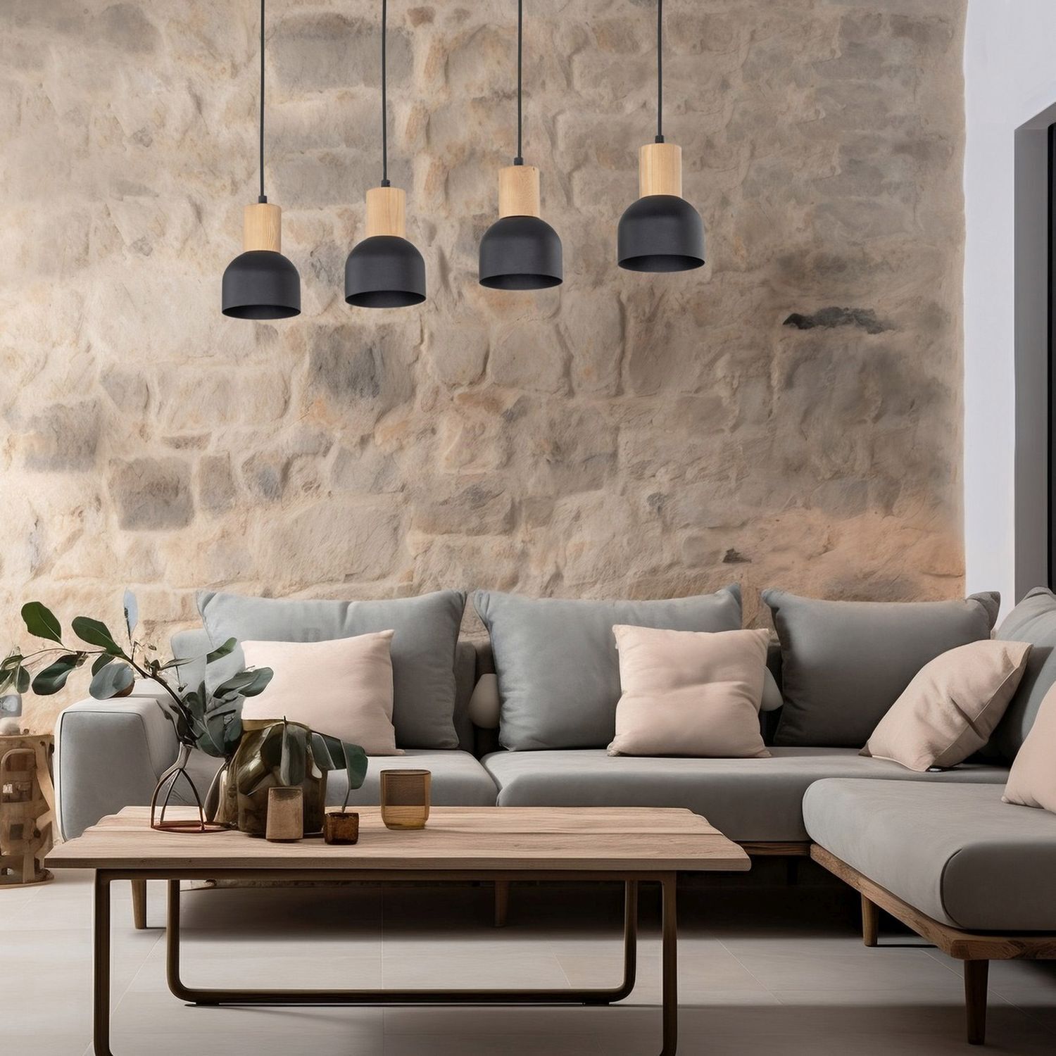 Suspension métal bois E27 noir bois 4 flammes Innenarchitektur, Inneneinrichtung, Wohnzimmer, Couch, Tabelle