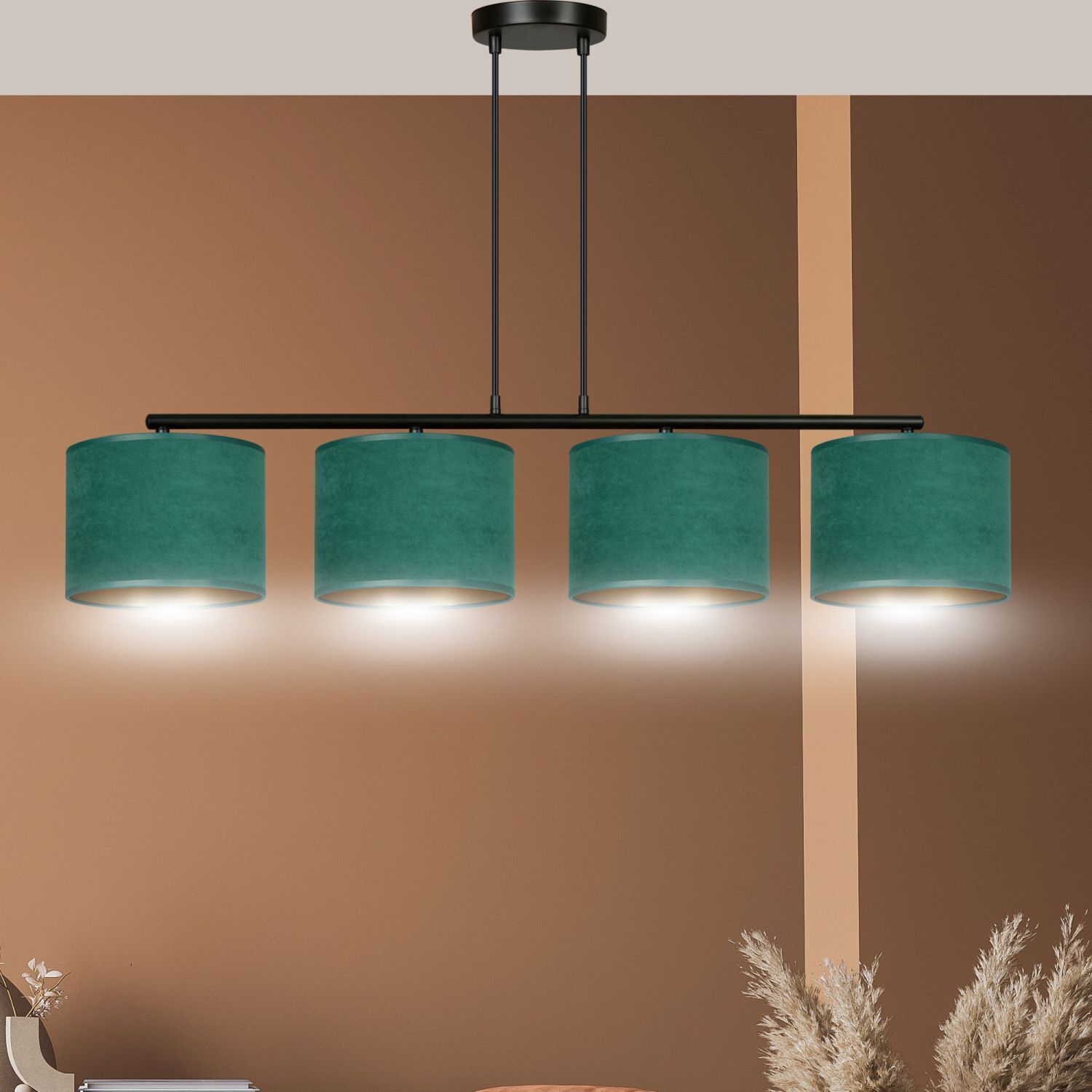 Lampe à suspendre 4 flammes 97 cm métal tissu noir vert or E27