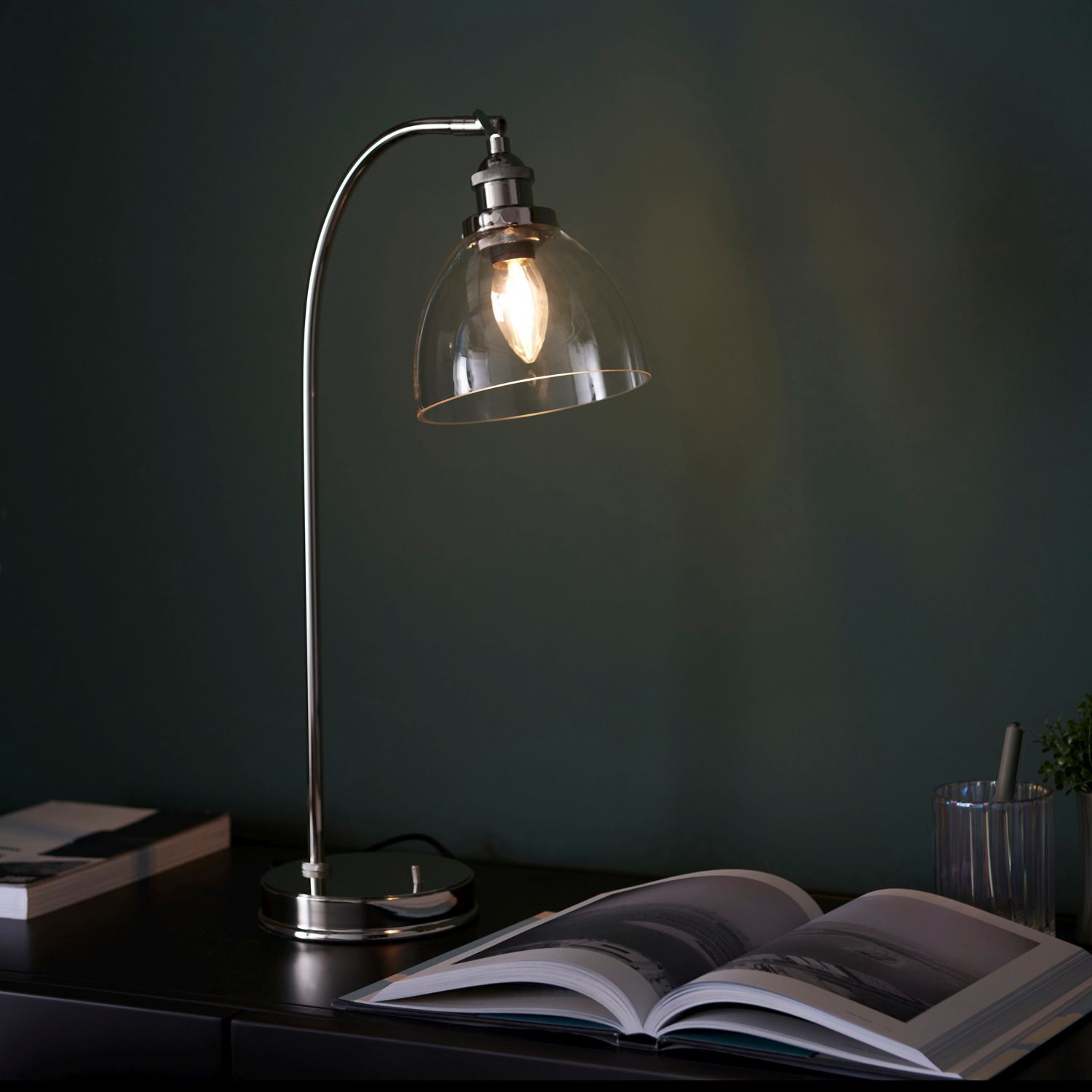 Lampe de bureau métal verre E14 réglable 53,3 cm nickel