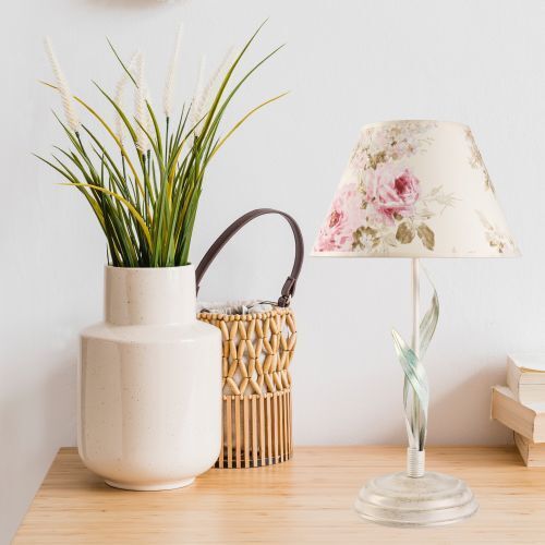 Lampe de table métal shabby blanc tissu rond maison de campagne